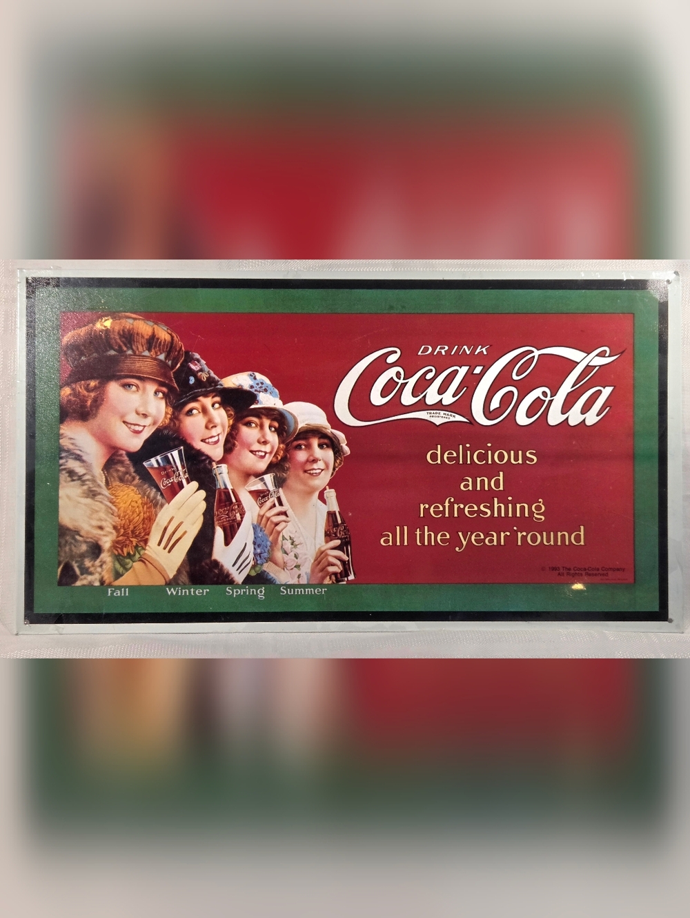 Vintage 1993 Coca-Cola Coke Tin Metal Wall Soda Sign Ladies Seasons 17.5" x 9.5"